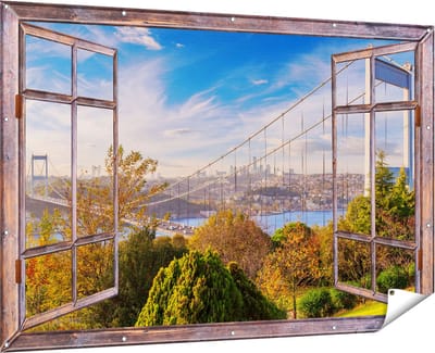 Gards Tuinposter Doorkijk Bosphorus Brug in Instanbul - 180x120 cm - Tuindoek - Tuindecoratie - Wanddecoratie buiten - Tuinschilderij