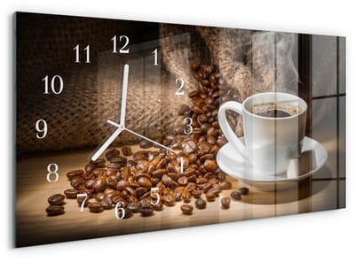 Tulup Wandklok - Koffie Glazen Klok Met Print - 60x30 cm - Bruin Moderne Glazen Wandklok - Witte Handen - Rechthoekige Wandklok - Decoratieve Glazen Klok - Glazen Wandklok Design