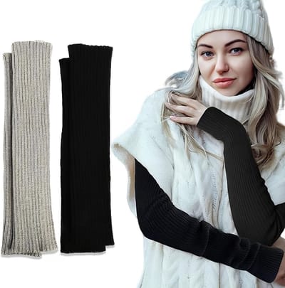 Vrouwelijke Gebreide Halve Vingerloze Handschoenen en Armwarmers voor Koude Dagen, Zwart en Lichtgrijs