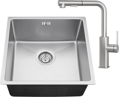 Auralum max 44x44CM Spoelbakken Keuken - Spoelbak Keuken Met Keukenkraan - Wasbak Keuken Met Waterafvoersysteem - Past op 45 cm kasten - RVS