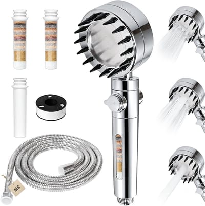 Douchekop met Filter en Slang van 2 m - Verstelbare Douchekop 25 x 8 cm in Zilver voor Optimale Waterkwaliteit en Comfortabel Douchen