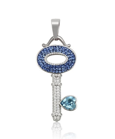Luxe Premium Hanger in sleutelvorm - Zirkonia kleur blauw - Vrouwen Cadeautjes - Platinum plated - Bedel - Cadeau- babyshower - bridalshower - wedding - gift - verjaardag - moederdag - valentijn - luxe geschenkverpakking