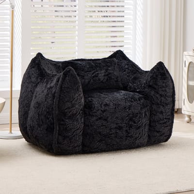 Zitzak Fauteuil van Imitatie Konijnenbont - Ergonomische Rugleuning - Gevuld met Hoogwaardig Versnipperd Schuim - Zachte Loungestoel voor Woonkamer en Slaapkamer - Max. Belastbaar tot 200 kg-Zwart