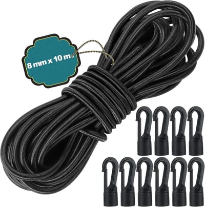 8 mm x 10 m elastisch touw, zwart met 10 haken van kunststof, robuust en duurzaam latex, voor aanhanger, boot, camping, tent, rugzak (8 mm x 10 m)
