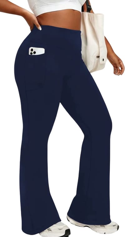 Flare Legging Dames Hoge Taille – Yoga Broek Dames Superzacht met Buikcontrole, Push-Up Effect en Zakken - Marineblauw - Maat S