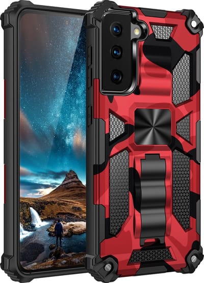 Hoesje Geschikt Voor Samsung Galaxy S22 Plus hoesje rugged extreme backcover met ring houder Camouflage - Rood