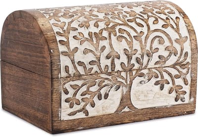 Houten sieradenkistje met handgesneden levensboom, wit en bruin decoratief bewaarkistje multifunctionele organizer