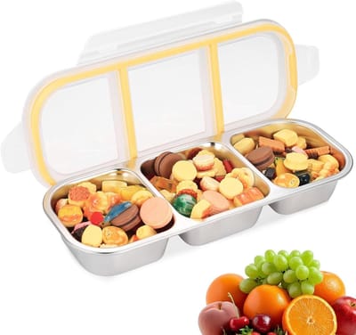 Snackbox - Transparant - 26,8 x 10,8 x 5,2 cm - Roestvrij Staal met 3 Scheidingsvakken - Voor Lunch en Snacks