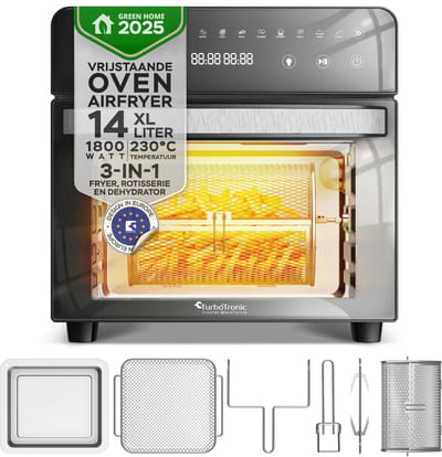 TurboTronic AFO14 Airfryer XXL en Vrijstaande Oven - Insclusief Draaispit - Mini Oven - Zwart