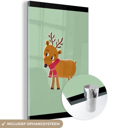 MuchoWow® Glasschilderij 120x180 cm - Schilderij acrylglas - Rendier - Kerstmis - Winter - Kerst - Groen - Foto op glas - Schilderijen