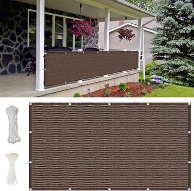Inkijkbescherming Voor Balkon 900 x 150 cm Van Hdpe, 220 G/M², Uv-Bescherming Balkon-Privacyschermen met Doorvoertules met Kabelbinders en Koord Voor Balkon Balustrades, Bruin