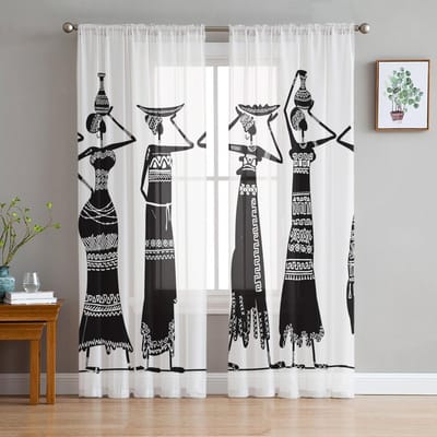 Afrikaanse Vrouw Etnisch Porselein Transparant Gordijn Voor Slaapkamer Tule Voile Gordijn Voor Keuken Woonkamer Decor Raambekleding 135W x 114H(cm) black