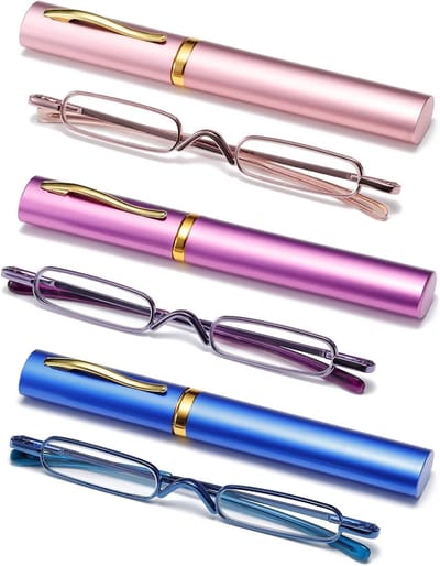 3 Pack Mini Slim Pen Leesbril - Compacte lezers met Pen Clip Case Spring Hinge Metal Frame Bril