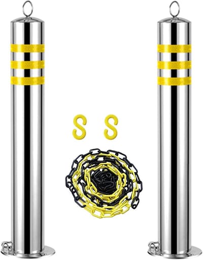 Parkeerpaal Set - Opritpaal Beveiliging - Parkeerplek Afzetten - Reflecterende Keten - 65 cm Hoog - Zilver