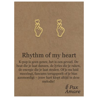 Stainless Steel Kpop hartje Oorbellen op Cadeau Kaartje - Rhythm of my heart - ± 10x10mm Oorknopjes Goudkleurig Roestvrij Staal - Pax Amare
