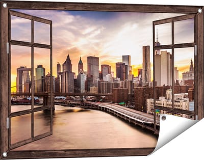 Gards Tuinposter Doorkijk Brooklyn Bridge Brug in New York - 90x60 cm - Tuindoek - Tuindecoratie - Wanddecoratie buiten - Tuinschilderij