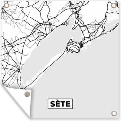 Tuin poster Plattegrond – Kaart – Sète - Frankrijk – Stadskaart - Zwart wit - 200x200 cm - Tuindoek