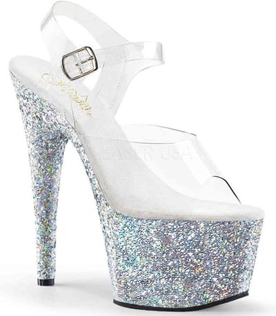 Pleaser - ADORE-708LG Sandaal met enkelband, Paaldans schoenen - Paaldans schoenen - 35 Shoes - Zilverkleurig/Transparant