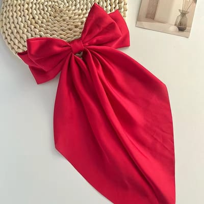 SilverAndCoco® - Rode Satijnen Haar Strik Elastiek Haarband Festival / Brede Haarstrik Knip Haarelastieken met Lint Dames / Romantisch Elastische Knipje Kerst Feest Oud en Nieuw Haarbanden - Rood