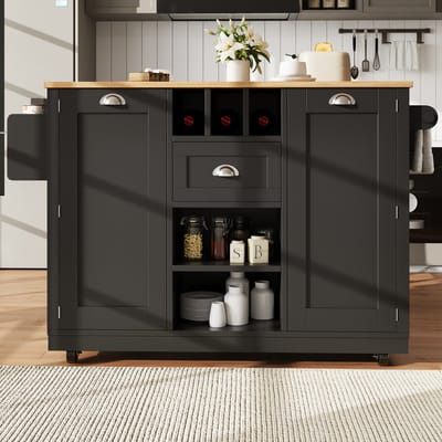 MODFU - Keukeneiland Op Wielen - Uitklapbaar Blad En Wijnrek - Modern - Keuken - MDF En Metaal - Zwart - 140 X 40/70 X 93,5 Cm