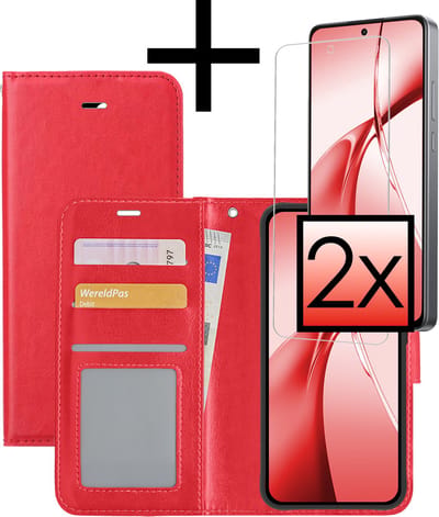 Hoesje - Met 2x Screenprotector - Geschikt voor OnePlus Nord CE4 - Luxe Pasjeshouder - Bookcase Portemonee - Flip Case - Kunstleer Book Case - Flipcase Hoes - Book Cover - Walletcase - Portemonneehoes - Rood