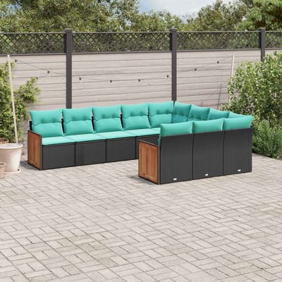 vidaXL - 10-delige - tuinbankset - met - kussens - van - zwart - polyrotan