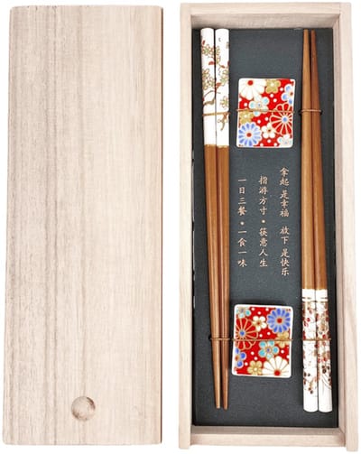 Eetstokjes, set van 2 paar sushi-stokjes, hout met keramische kersenbloesem-onderleggers, premium houten doos, duurzame chopsticks Japans, Chinees, Koreaans, Taiwanees, Japans cadeau