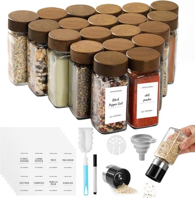 Famanu - Kruidenpotjes, vierkant, set van 20 stuks, glazen kruidenstrooiers met houten deksel, 120 ml, met 2 kruidenmolens voor het bewaren van specerijen, kruidenpotjes, kruidenpotjes met