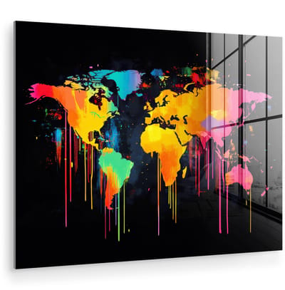 MuchoWow® Glasschilderij 80x60 cm - Schilderij acrylglas - Wereldkaart - Verf - Kleurrijk - Graffiti - Wereld - Foto op glas - Muurdecoratie woonkamer - Wanddecoratie slaapkamer - Schilderijen