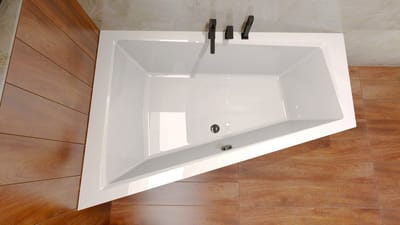 Badland INTIMA hoekbad 170 x 125 cm links wit met acrylpaneel met hoofdsteun met bamboe badplank