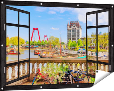 Gards Tuinposter Doorkijk Kleurrijke Oude Haven in Rotterdam - 120x80 cm - Tuindoek - Tuindecoratie - Wanddecoratie buiten - Tuinschilderij