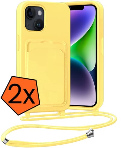 Hoesje Geschikt voor iPhone 13 Hoesje Met Telefoonketting Pasjeshouder Case Koord - Hoesje Geschikt voor iPhone 13 Hoes Met Kaarthouder - Geel - 2 PACK
