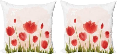 ABAKUHAUS Bloemenkussensloopset (2 stuks), Romantische Tulpenbloesems, 40 cm, Vermiljoen Groen Perzik