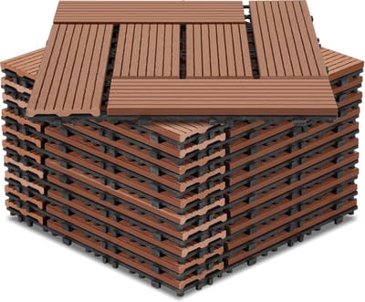 WPC-terrastegels, 30x30 cm, 88-delige set voor 8m², bruine houtlook, voor tuin- en balkonvloeren met drainage en kliksysteem.