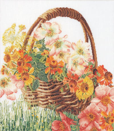 Thea Gouverneur - Borduurpakket met telpatroon - 3064 - Voorgesorteerde DMC Garens - Bloemenmand - Linnen - 35 cm x 39 cm - DIY Kit