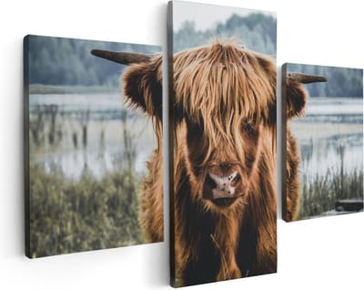 Artaza Canvas Schilderij Drieluik Schotse Hooglander Koeienkop Bij Een Meer - 90x60 - Foto Op Canvas - Canvas Print
