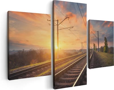 Artaza Canvas Schilderij Drieluik Rails Spoorweg Bij Zonsondergang - 90x60 - Foto Op Canvas - Canvas Print