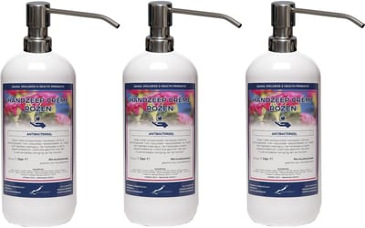 Handzeep Crème Rozen 1 liter - set van 3 stuks - met gratis RVS zilverkleurige pomp - Voordeelverpakking