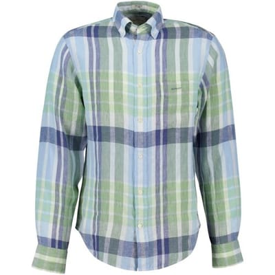 Gant Overhemd Linnen Ruiten Blauw Groen - Maat XL - Heren - Overhemden Casual