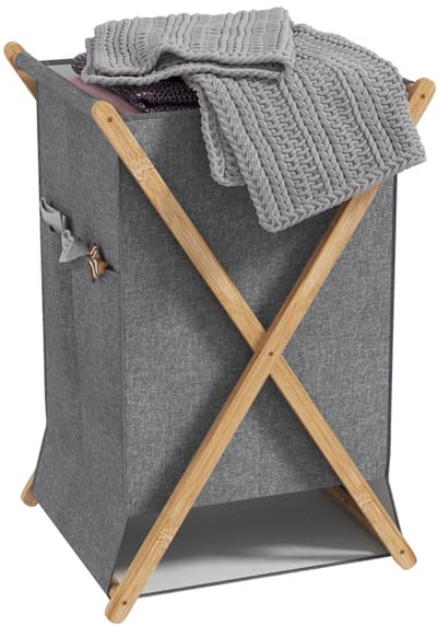Daity Opvouwbare wasmand van 55 liter, met een frame van stof en bamboe, geschikt voor slaapkamers en wasruimtes, verkrijgbaar in natuurlijke hout- en grijstinten.