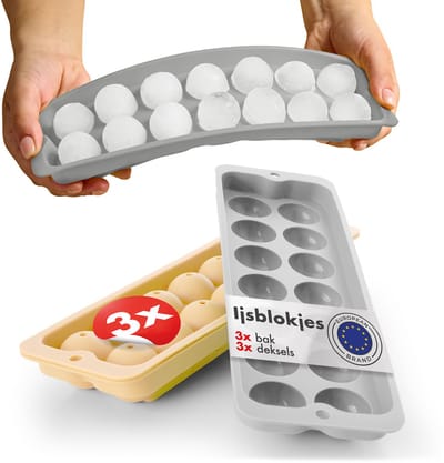 Blumtal IJsblokjesvorm Idun Set van 3 - 14 ijsblokjes - Siliconen ijsblokjesvorm met deksel - IJsblokjesvorm Balvorm - BPA Vrij - Grijs + Geel