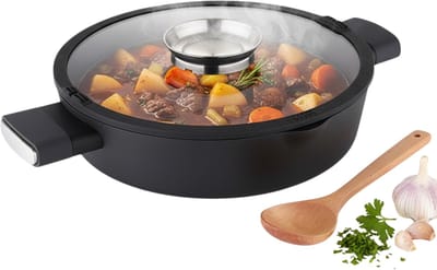 Lomera Braadpan 28 CM - Geschikt voor Inductie - Met Deksel - Anti-Aanbaklaag - Ergonomische Handgrepen - Glazen Deksel - Siliconen Coating - Volledige Inductie - Thermische Schokken - Dubbele Uitloop - 3.5 Liter Inhoud
