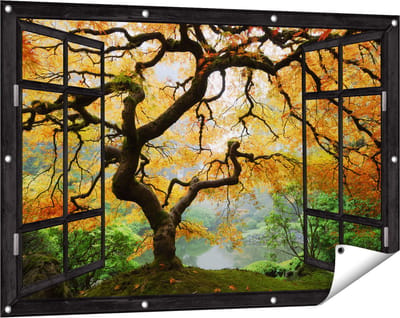 Gards Tuinposter Doorkijk Oude Knoestige Boom - 120x80 cm - Tuindoek - Tuindecoratie - Wanddecoratie buiten - Tuinschilderij