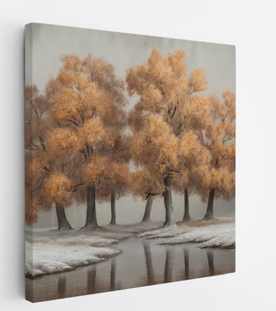Saammp Canvas Schilderij - Oranje bomen - Natuur - Wit Landschap - Abstract - 20x20 - Foto op canvas - Wanddecoratie - Muurdecoratie Woonkamer - Slaapkamer decoratie - Canvas Print