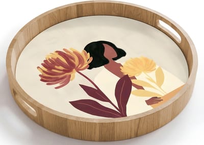 Dienblad rond 40x40 cm - Schootdienblad hout - Vrouw - Minimalistisch - Bloem - Borrelplank rechthoek - Plateau houten dienbladen