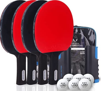 Loki - Professionele tafeltennis set - 4 Tafeltennisbatjes - 6 Balletjes - Pingpong net - Opberghoes met rits
