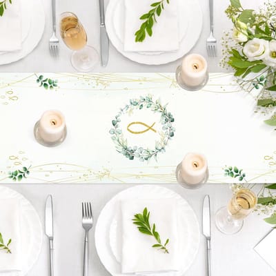 Dailygoods- Tafelloper Eucalyptus Blad - Placemat Set 5 Stuks - Decoraties Doop - Communie - Bevestiging - Geschikt voor Feestjes - Tafelkleed