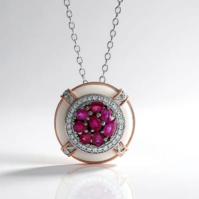 Cavill - Zilveren Damesketting - 925 Sterling Zilver - 4,5 ct Witte Agaat Fancy - 1,358 ct Tanzania Robijn en Zirkon - Verstelbaar Elegant