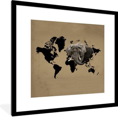 Poster in lijst - Fotolijst 40x40 cm - Posters - Wereldkaart - Olifant - Bruin - Posterlijst zwart - Decoratie - Wanddecoratie woonkamer - Muurdecoratie slaapkamer