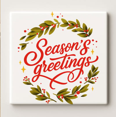 Season’s Greetings Keramische Tegel 15x15cm – Feestelijk Kerstontwerp met Krans – Perfecte Kerstmuurdecoratie of Cadeau
